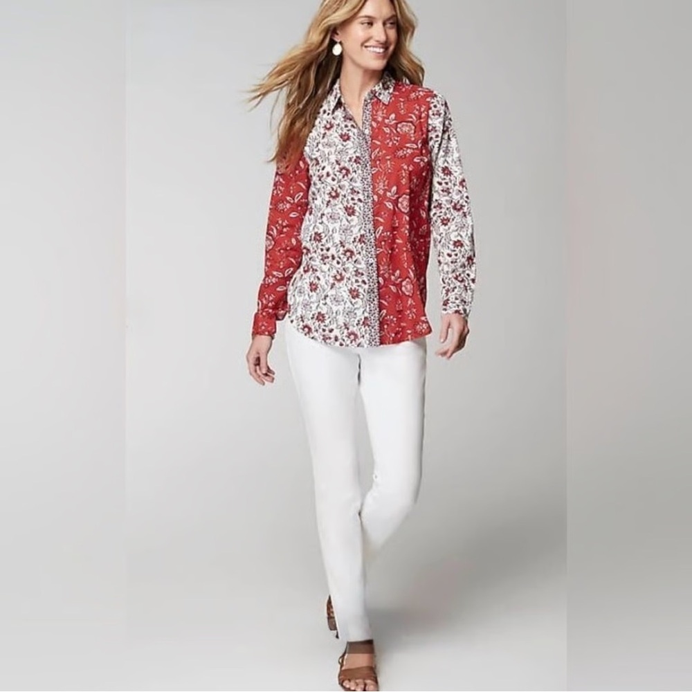 J. Jill Red and White Floral Button Down Shirt Sz Med Coastal Grandma Beach - Picture 2 of 12